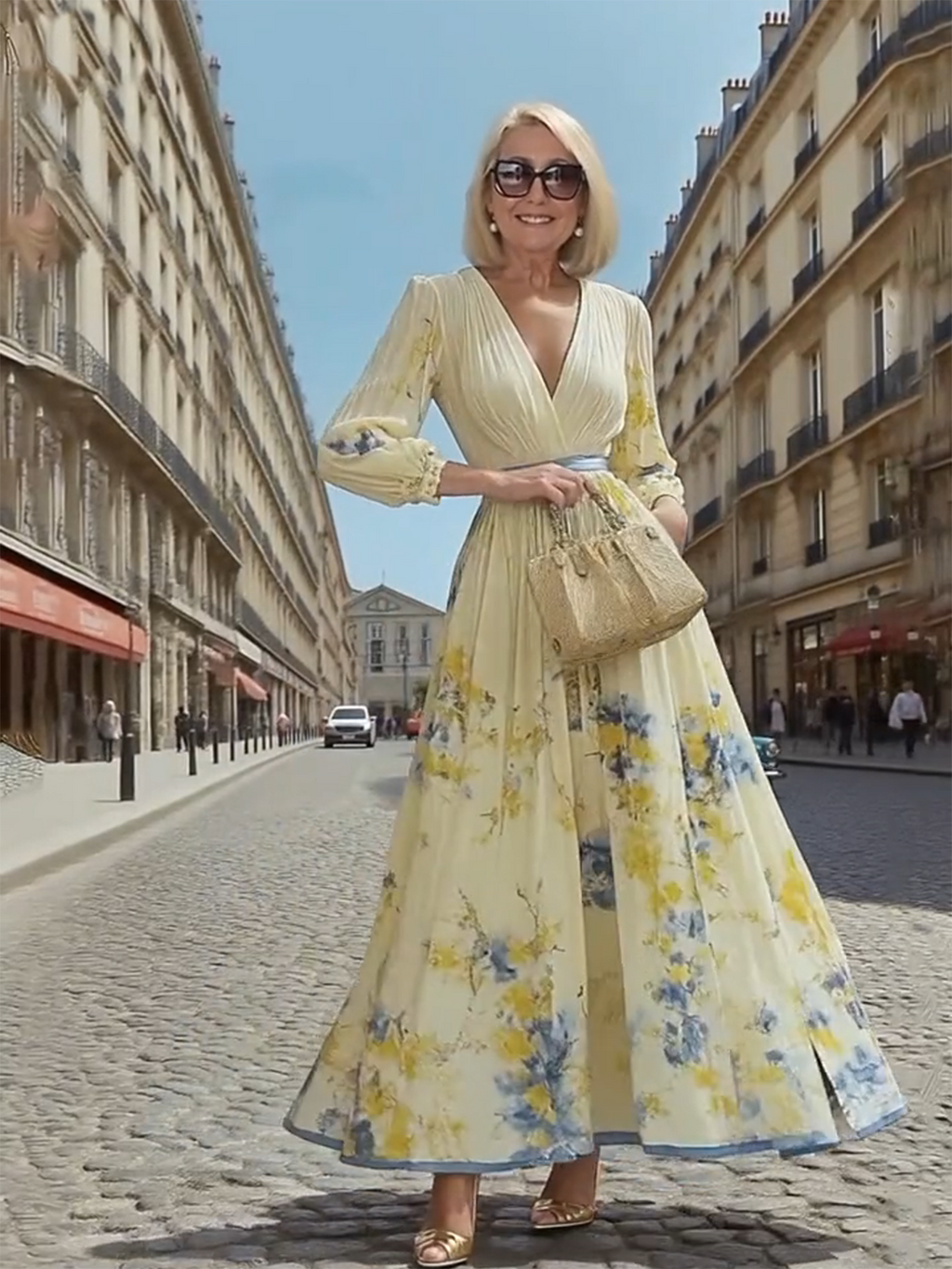 Gala Dress Digital Print V-neck Long Sleeves Pleats, Dress Long Dress