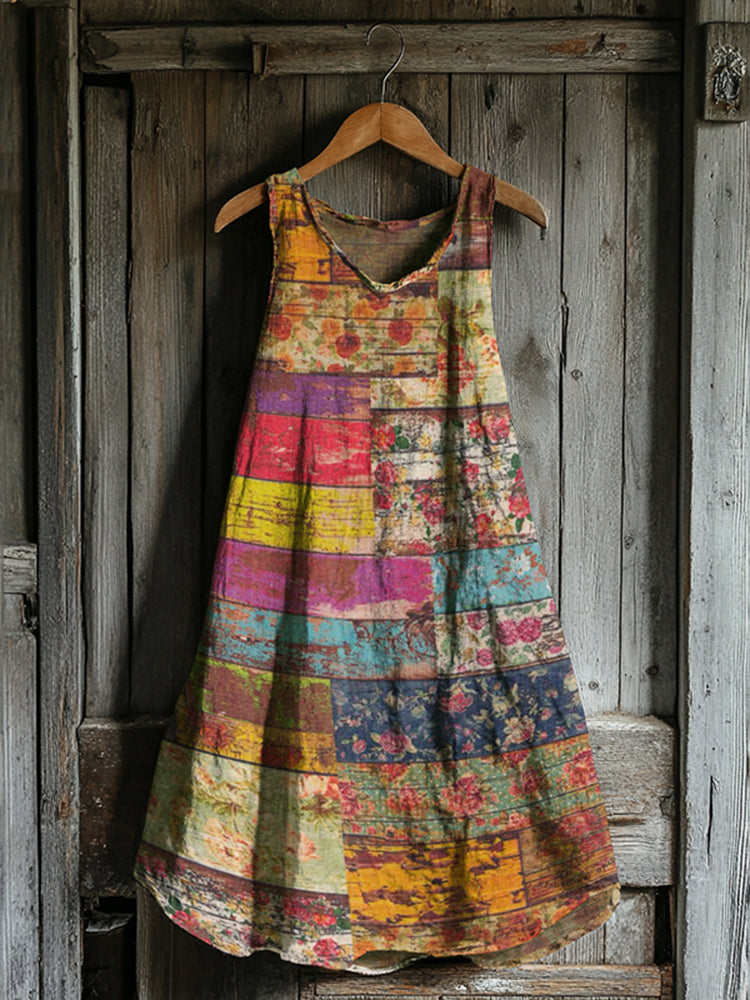 Vintage Floral Patchwork Art Linen Blend Tank Midi Dress ed84