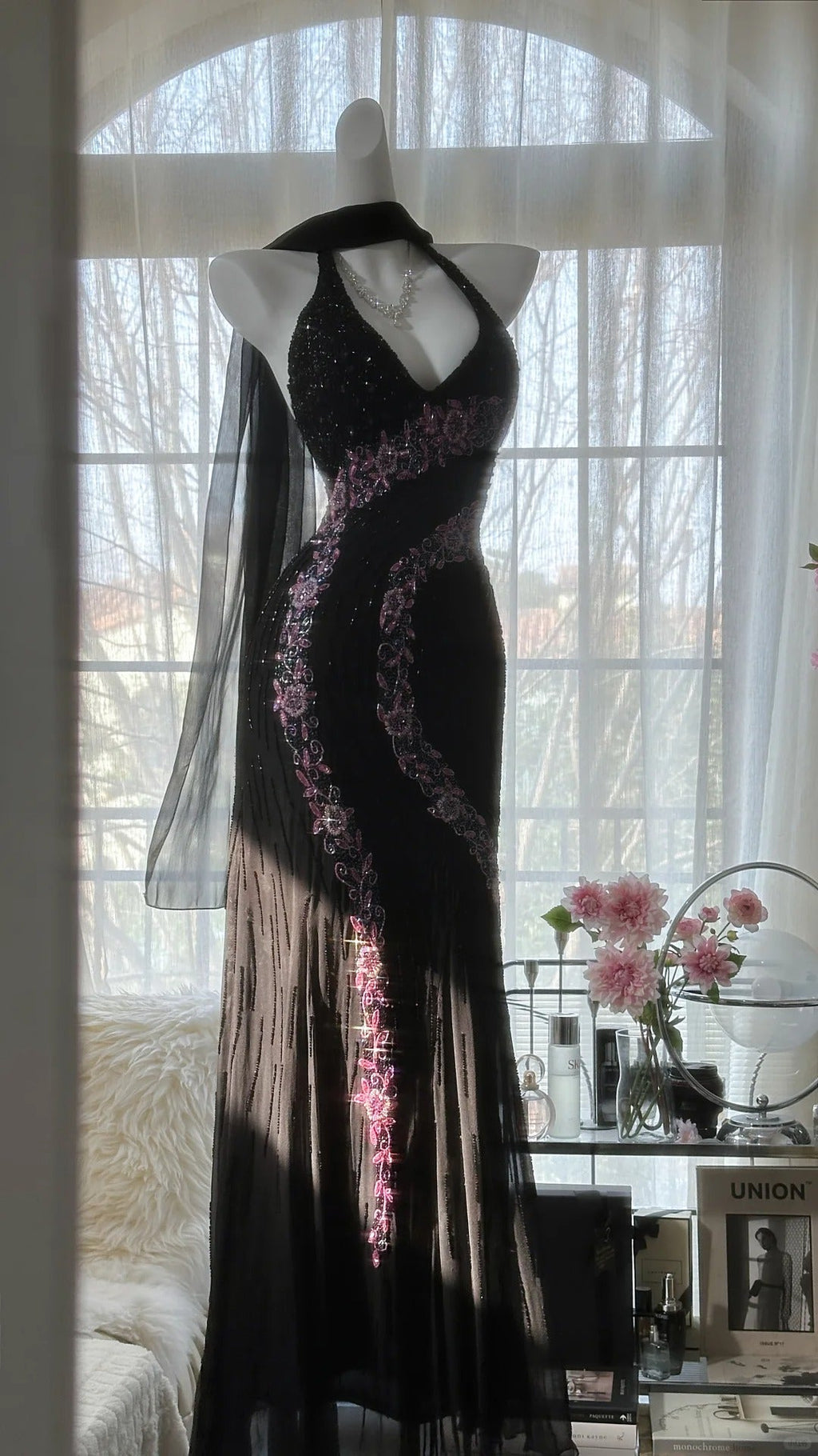 Black Shiny Vintage Elegant Romantic Delicate Pink Floral Beading Long Chiffon Homecoming Ball Gown Evening Dress Birthday/Wedding Guest/Holiday Party Dress Prom Dress 4025