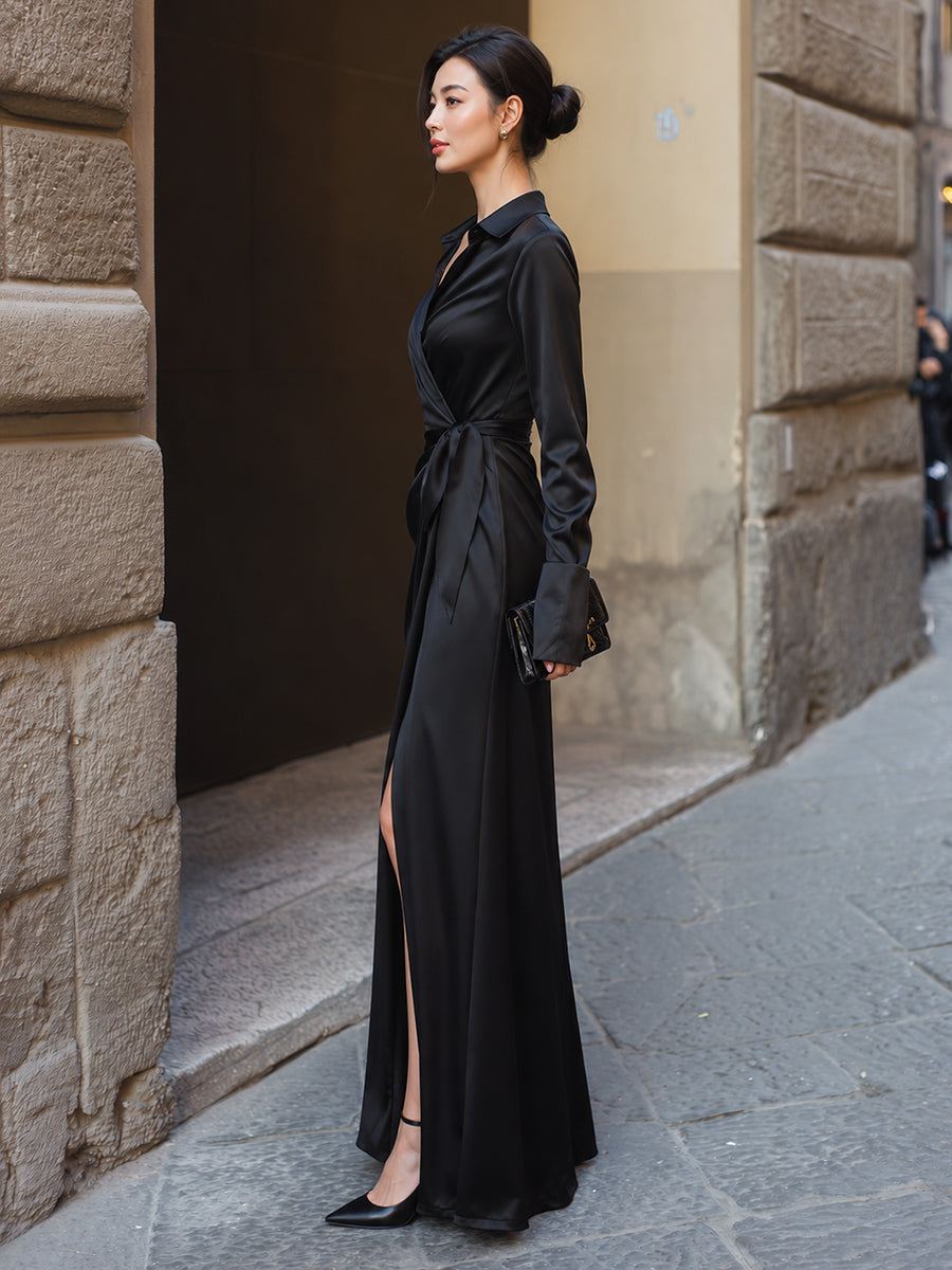 Collared Wrap-Front Tie-Waist Maxi Dress