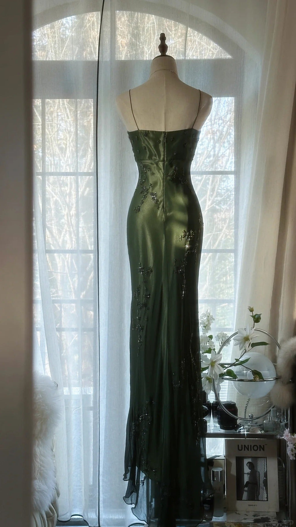Green Elegant Fashion Exquisite Beaded Strapless Long Chiffon Ball Gown Evening Dress Birthday/Holiday Party Dress Prom Dress 4066