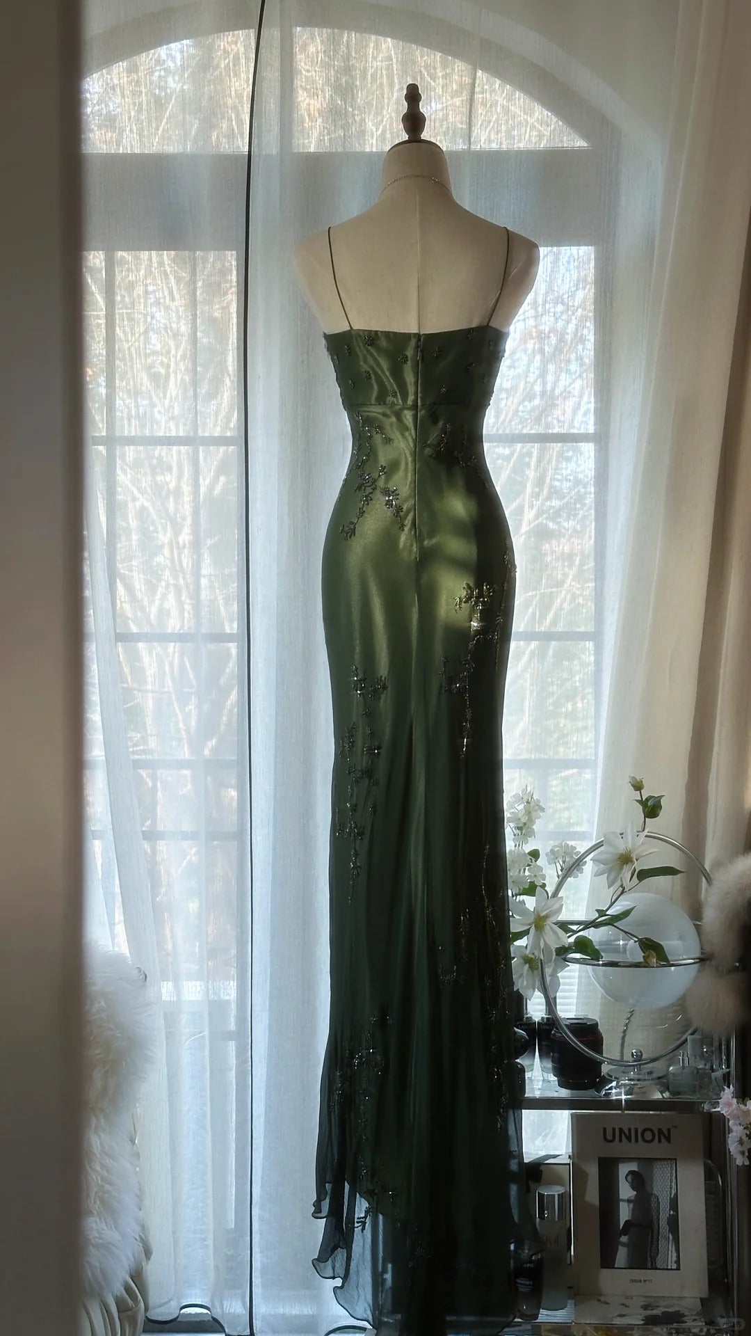 Green Elegant Fashion Exquisite Beaded Strapless Long Chiffon Ball Gown Evening Dress Birthday/Holiday Party Dress Prom Dress 4066