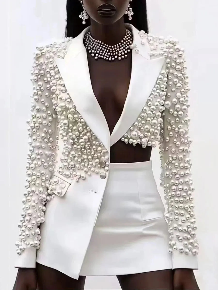 White Pearl Embellished Cropped Blazer and Mini Skirt Set