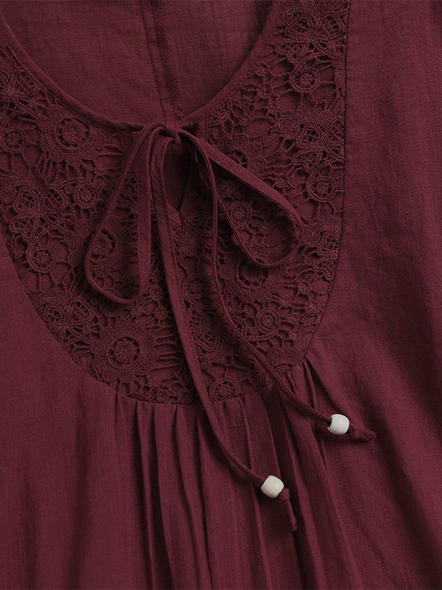 Lace-paneled Cotton-linen Top With Tie Detail — Loose-fit, Three-quarter Sleeve, Cotton-feel Fabric