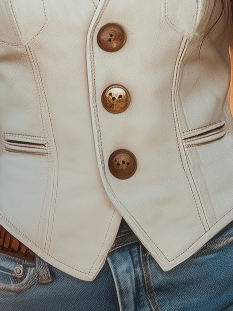 [24-hour shipping out]Premium Western Style Gold Button White Suede Vest
