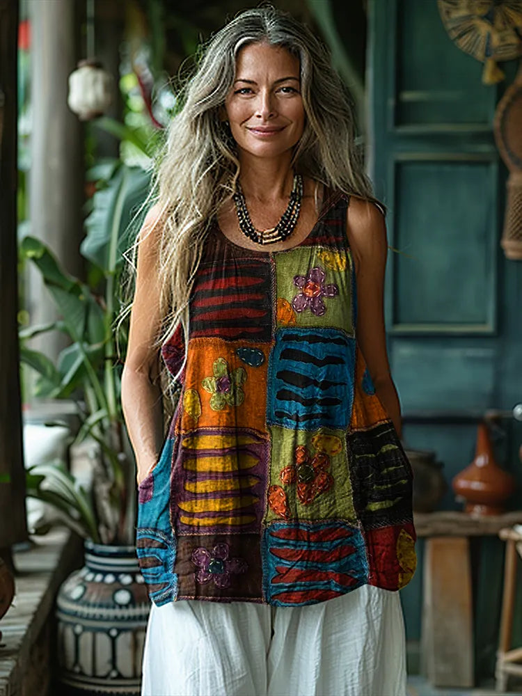 Vintage Tribal Floral Patchwork Sleeveless Linen Blend Tank Top