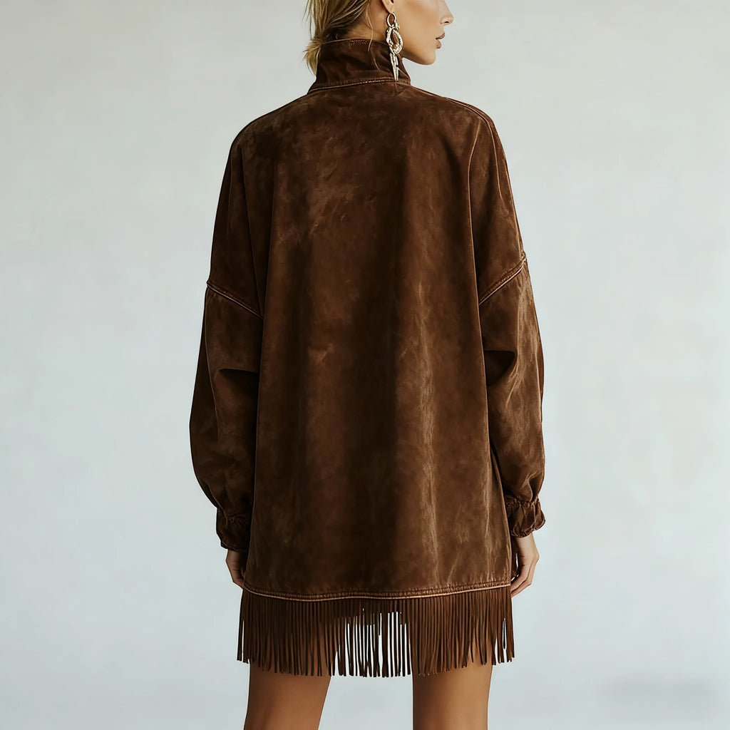 Women's Autumn And Winter Western Retro Suede Fabric Loose Casual Stand Collar Tassel Dress