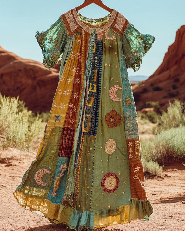 Summer vacation loose patchwork cotton and linen dress 2e26