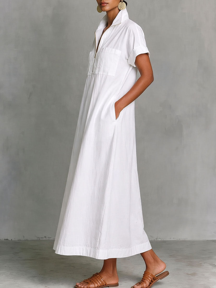 Zipper Solid Color Pockets Sleeveless High Waisted V-neck Maxi Dresses