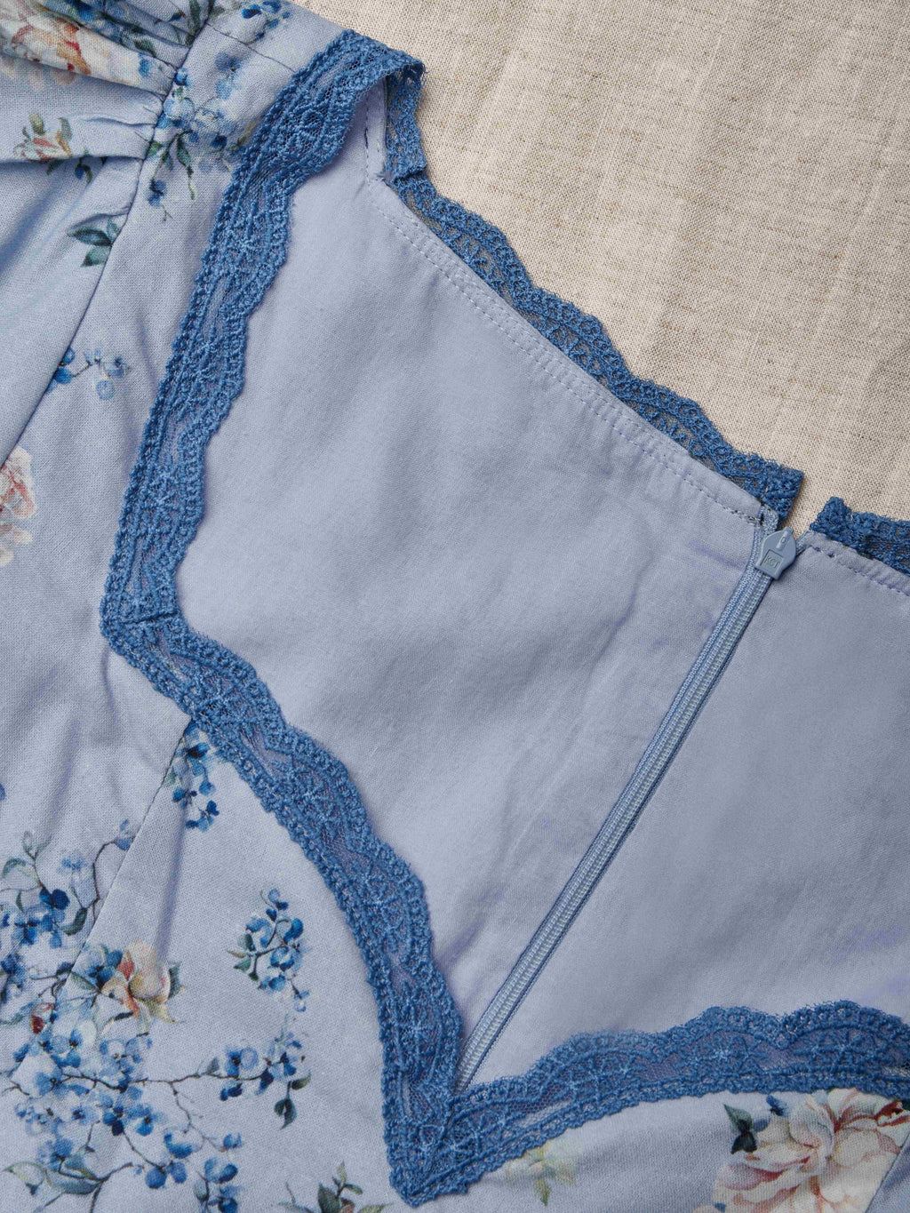 Maxi Linen Dress, Puff Sleeves, Crew Neck, Floral, Linen Blend, Blue