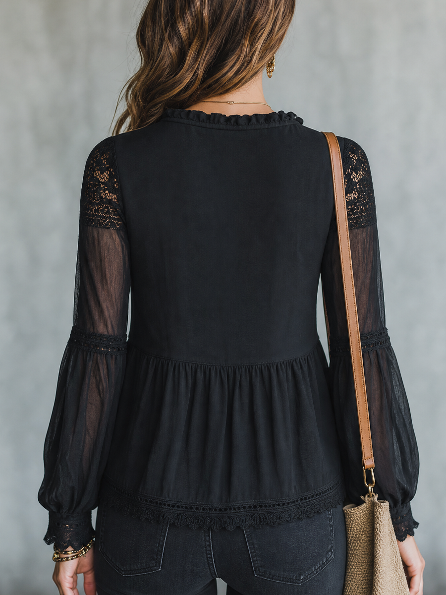 Elegant Black Lace Trim Blouse