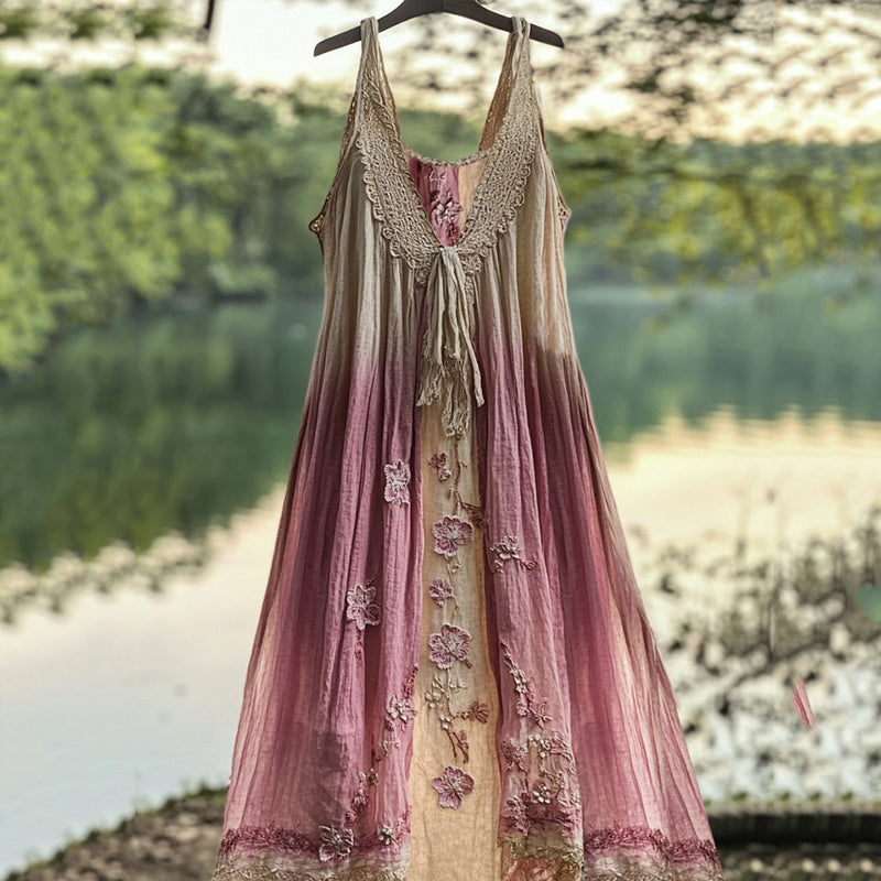 Retro Gradient Japanese Sakura Embroidered Art Lace Linen Dress