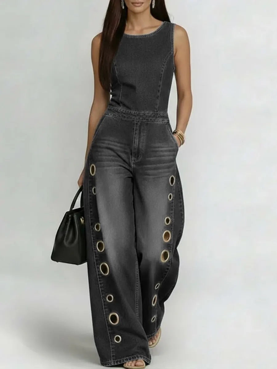Women's Grommet Detail Wide-Leg Jumpsuit - Bold High-Waisted Sleeveless Streetwear One-Piece