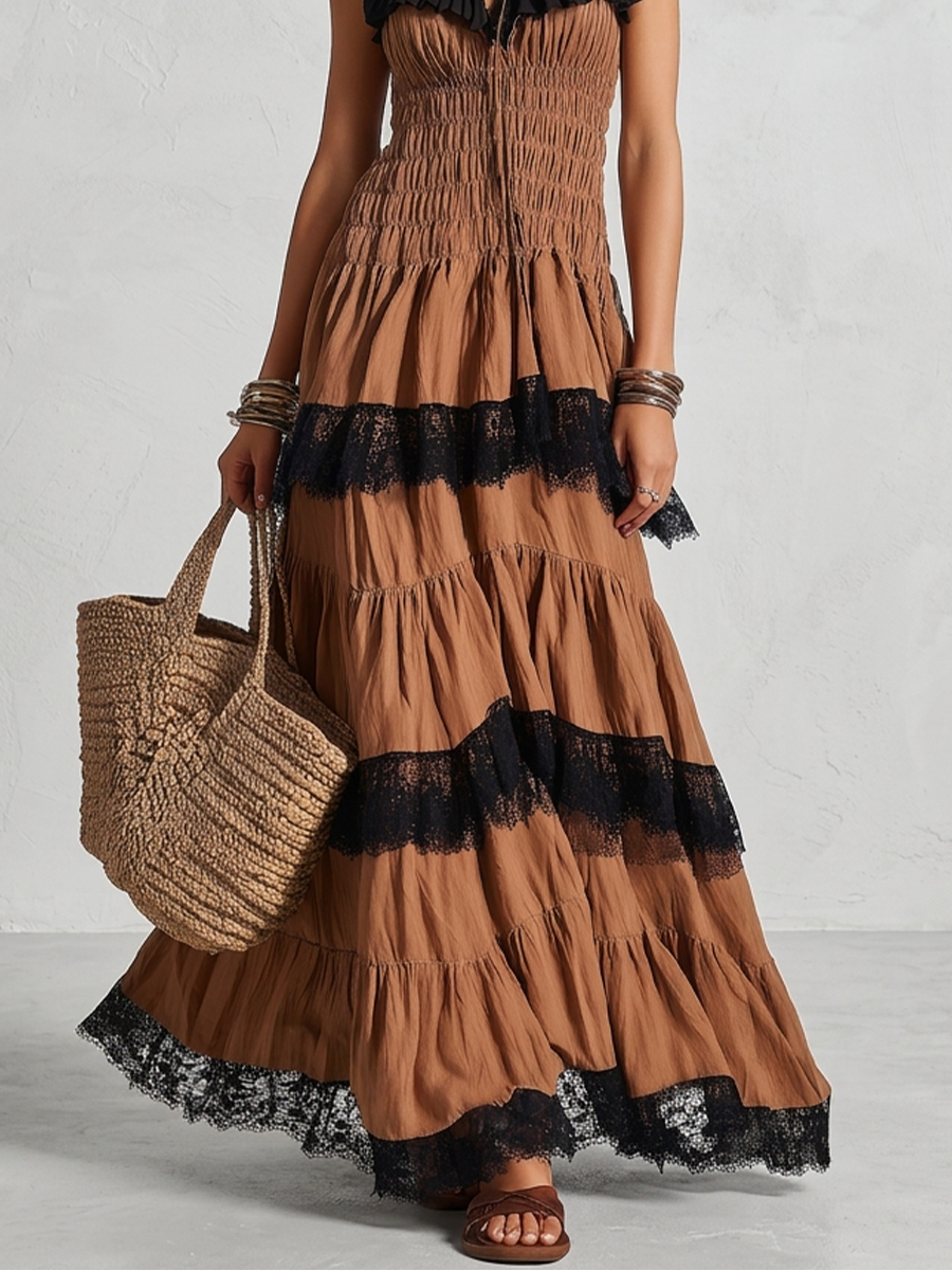 Desert Rose Pleated Tiered Lace Dress