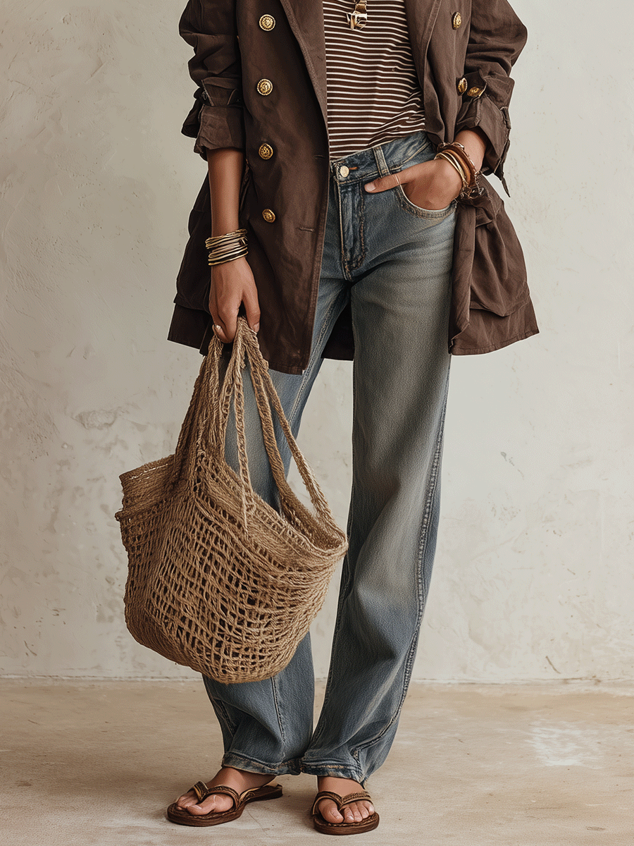 Utility Chic Cotton-Twill Double-Breasted Belted Chocolate Brown Trench Coat