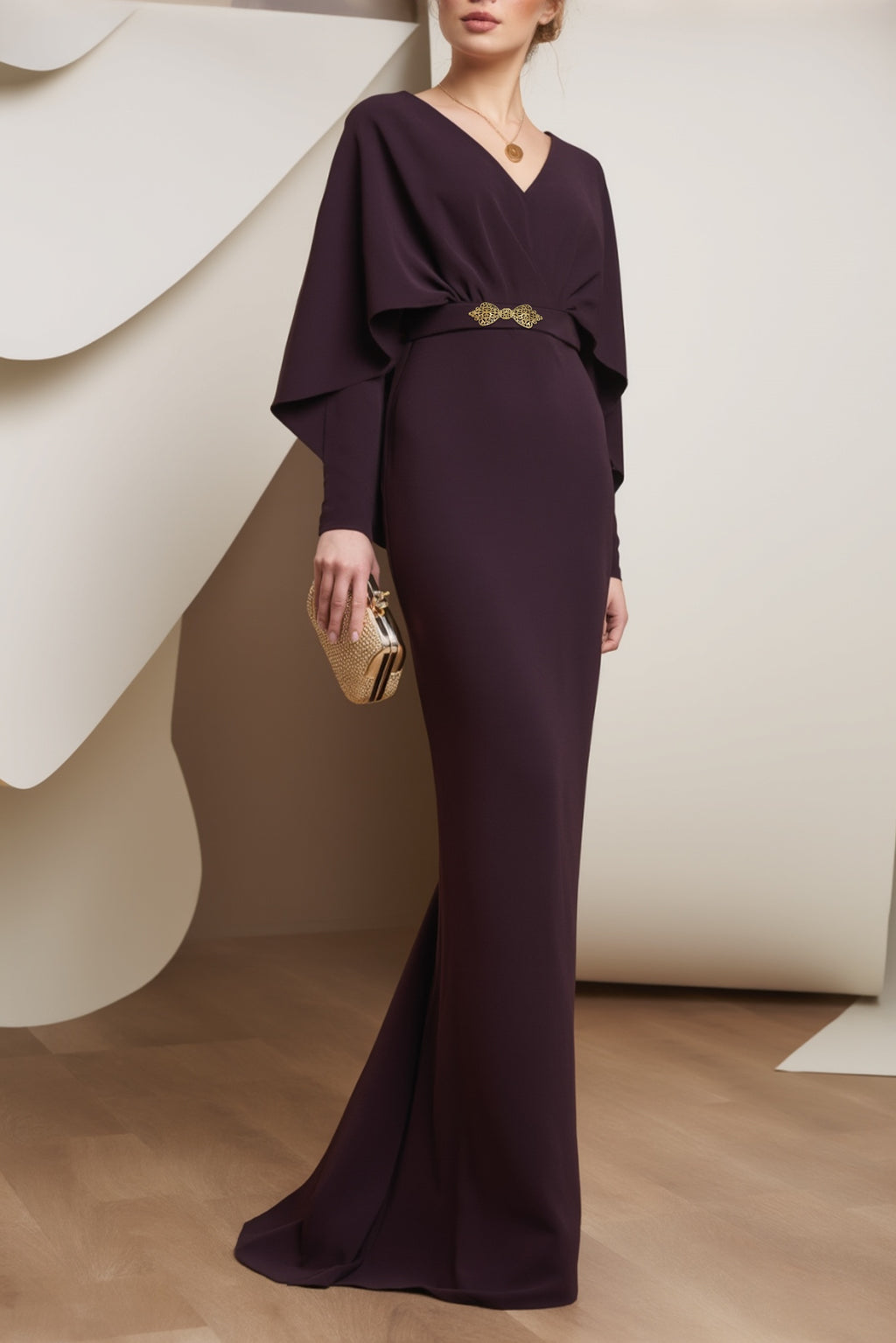 Evening Dress Purple V Neck Cap Belted Maxi Dress