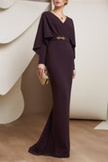 Evening Dress Purple V Neck Cap Belted Maxi Dress
