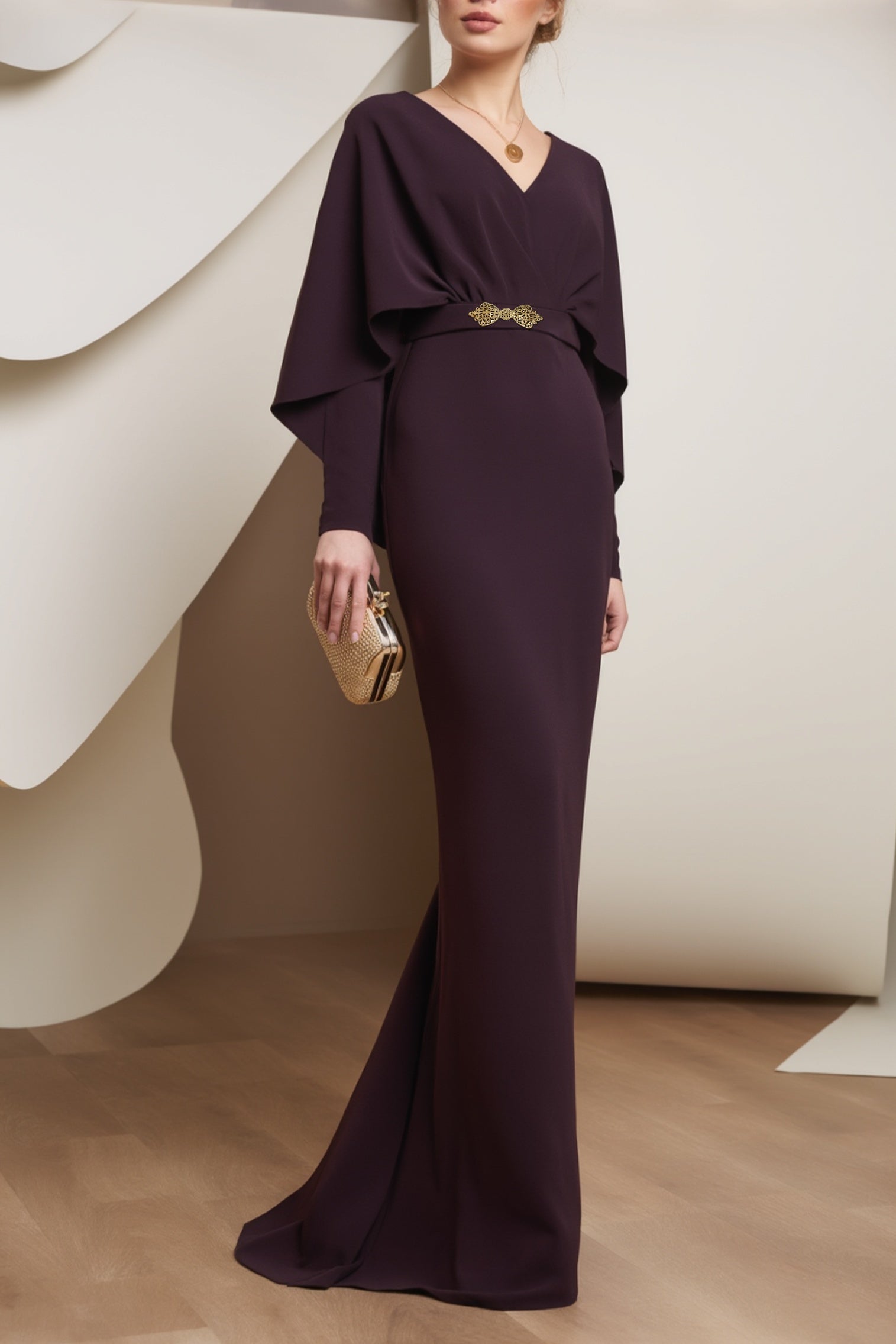 Evening Dress Purple V Neck Cap Belted Maxi Dress