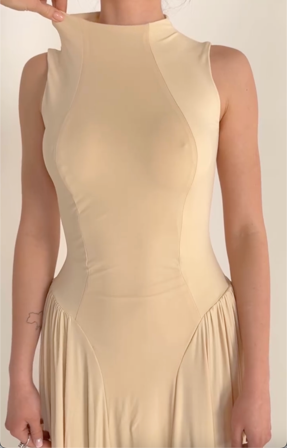Beige Sleeveless Mock Neck Maxi Dress, Bodycon Seam Flared Swing Long Dress