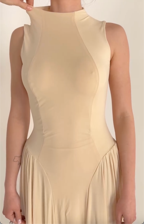 Beige Sleeveless Mock Neck Maxi Dress, Bodycon Seam Flared Swing Long Dress