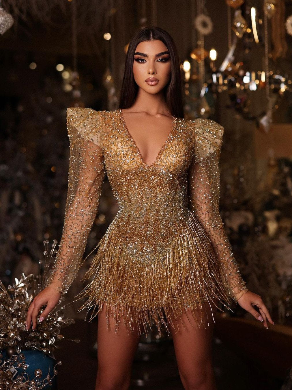 Elegant V-neck Long Sleeve Sheer Mesh Sequined Fringed Hem Mini Evening Gown