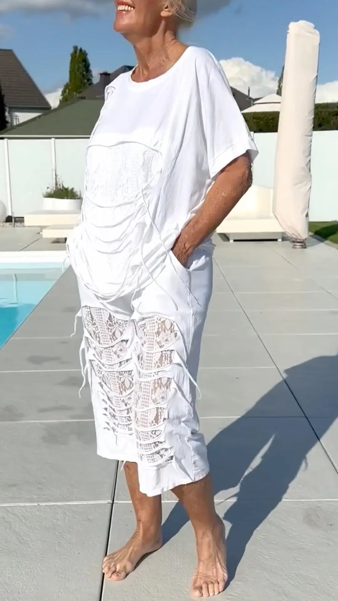 Lace Patchwork Short Sleeve Top & Capri Pants Co‑Ord Set