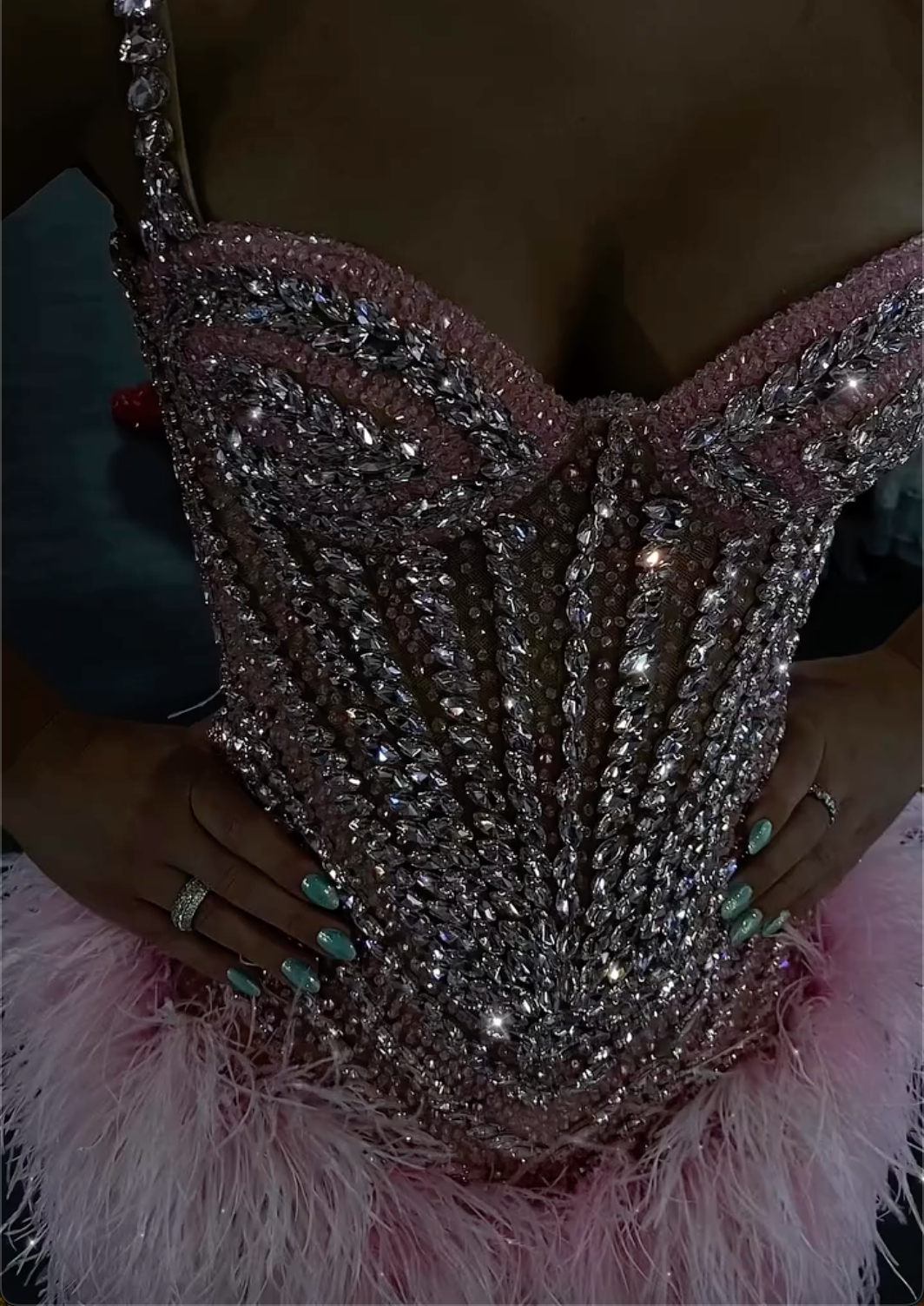 Bubblegum Pink Crystal Embellished Cami Mini Dress with Feather Skirt