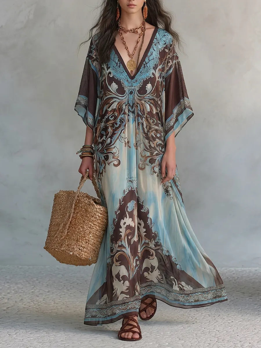Boho Paisley Batwing Sleeve Beach Cover-Up Maxi Dress