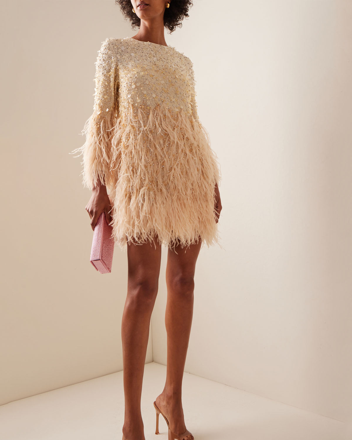 Feathered-Trimmed Embroidered-Silk Mini Dress