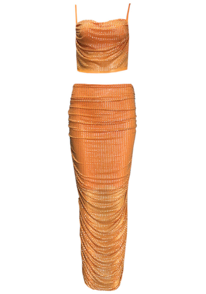 Sparkly Draped Maxi Two Piece Dress Orange