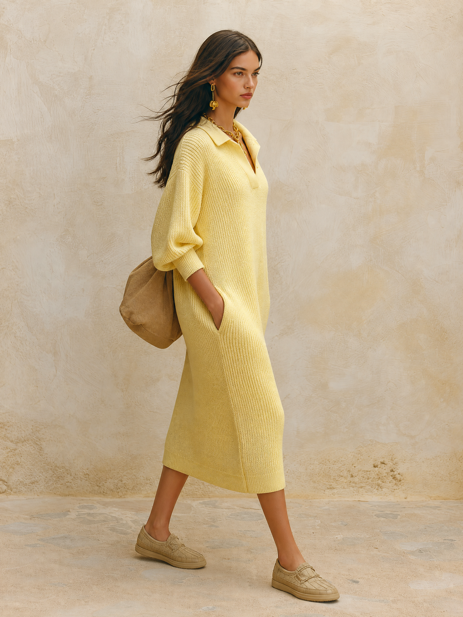 Women's Oversized Ribbed Knit Polo Collar Sweater Dress Long Sleeve Midi Dress