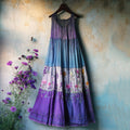 Vintage Bohemian Lavender Embroidery Patchwork Art Sleeveless  Cozy Linen Maxi Dress