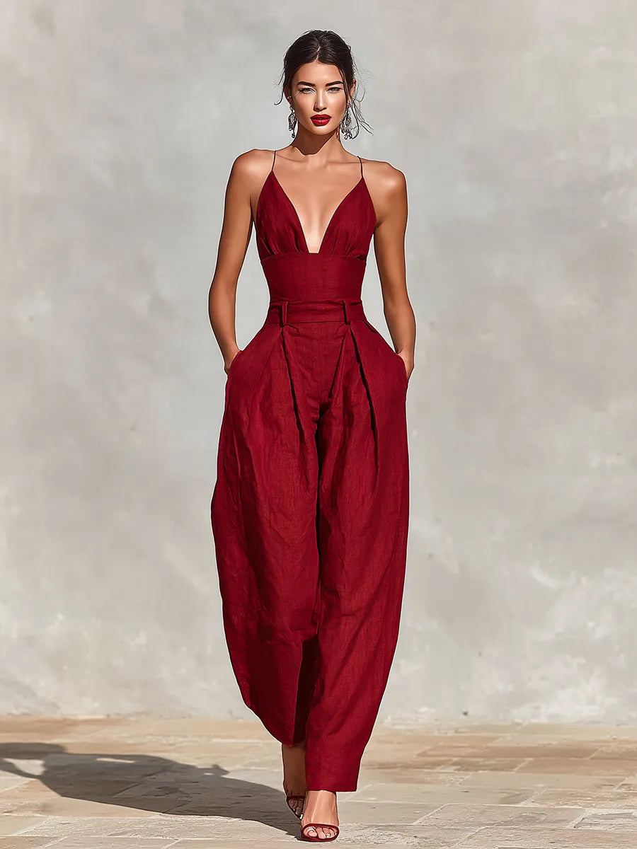 Women's Red Linen Jumpsuit With Spaghetti Straps & High-Waisted Pleated Pants, Timeless Romantic-Elegant Style Jumpsuit