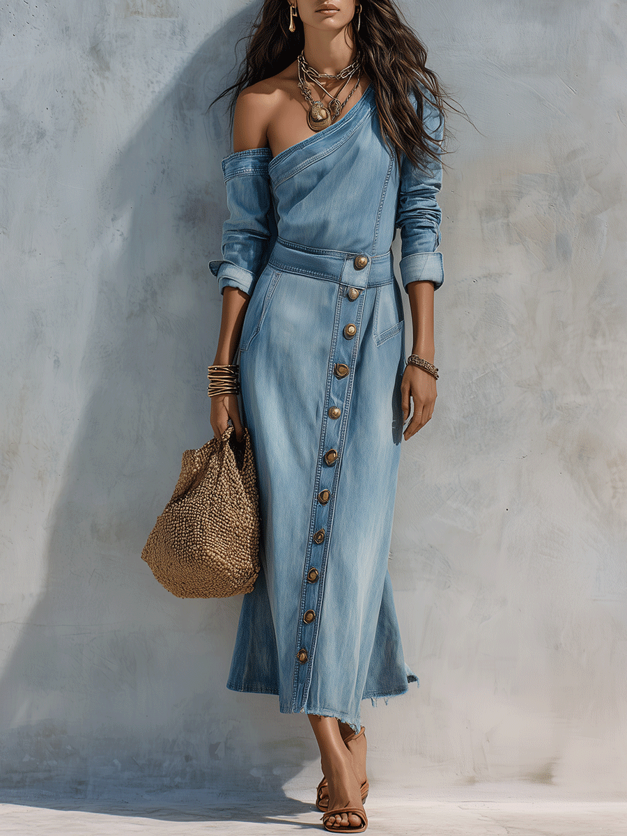 Effortless Coastal Sky Blue Off-Shoulder Wash Denim Midi Dress