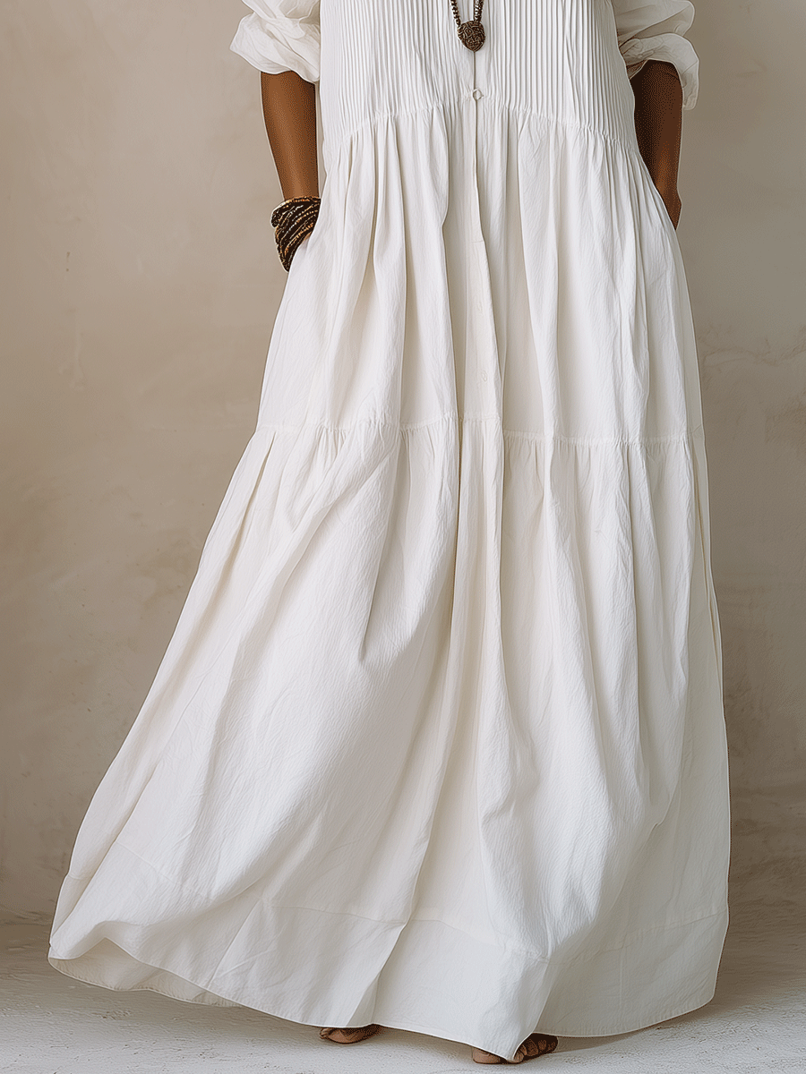 Coastal Chic Soft Cotton Oversized Off-White Smock Maxi Dress