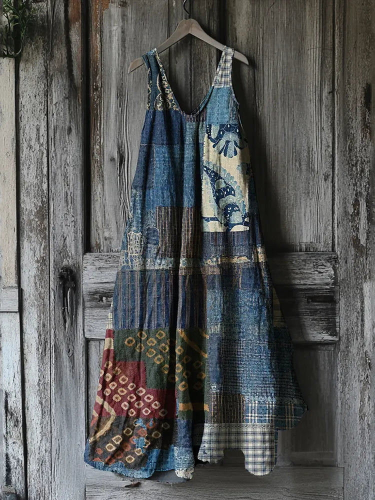 Women's Japanese Traditional Sashiko In Floral Patchwork Art Cotton And Linen Dress c0e2
