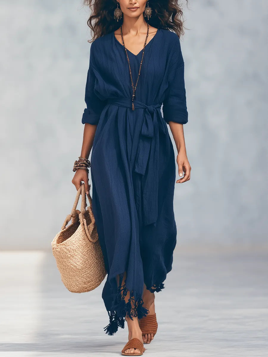 Chic Navy Tassel Tie-Waist Tiered Midi Dress