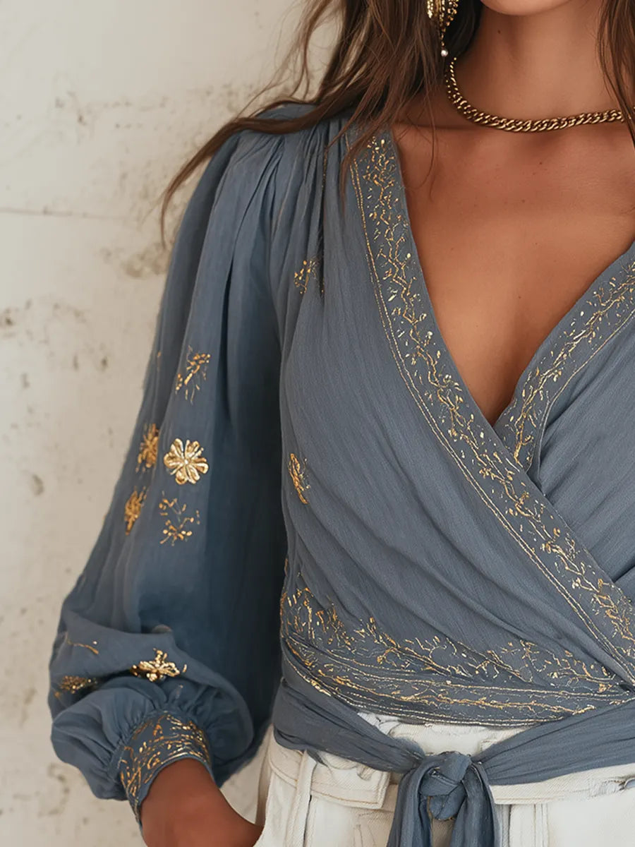 Sophisticated Slate Blue Embroidered Wrap Blouse