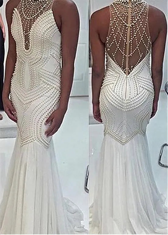 White Mermaid Evening Dresses With Beadings