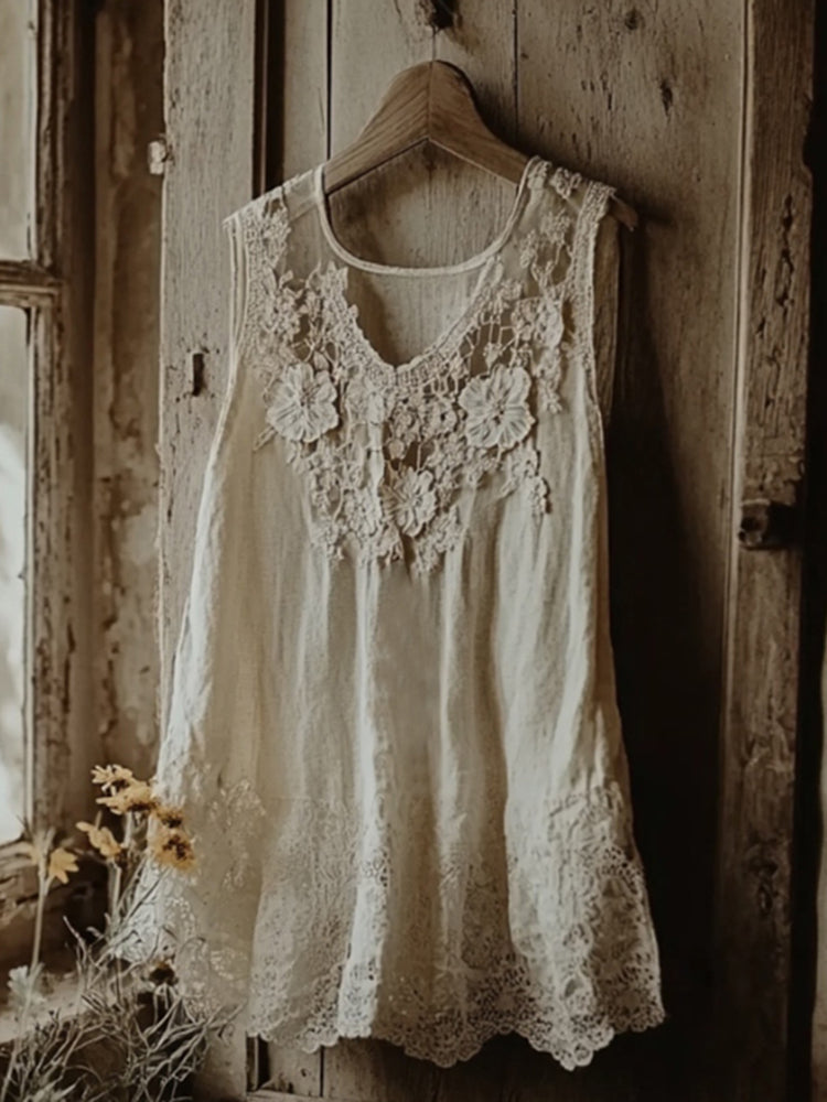 Vintage Lace Embroidery Art Linen Sleeveless Top
