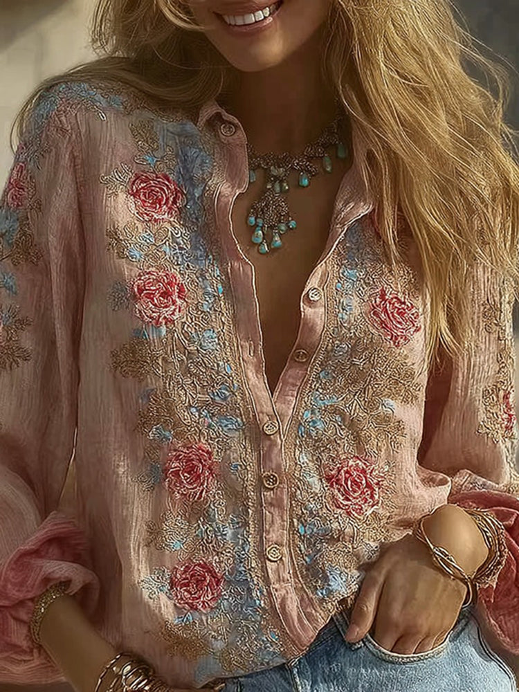 Women's Rose Floral Embroidered Casual Shirt