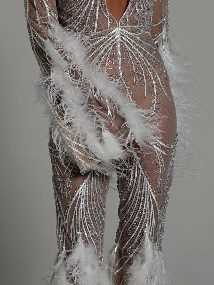 Sexy Deep V-Neck Flared Sleeve See-Through Feathers Evening Jumpsuits