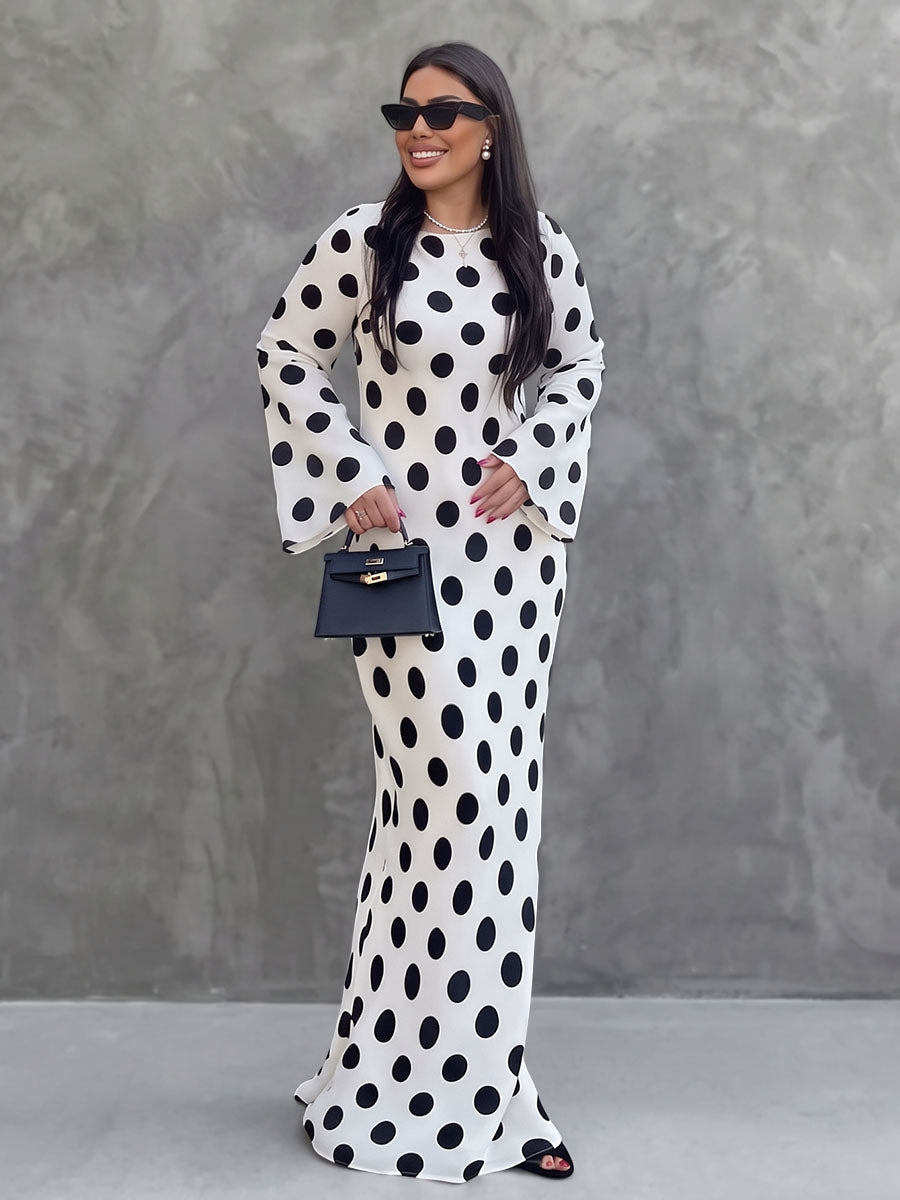 Polka Dot Contrast Color Loose Long Sleeves Round-neck Maxi Dresses