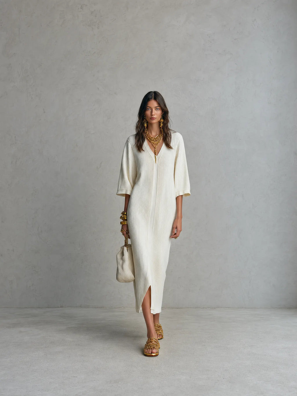 Ribbed Knit V-Neck With Batwing Sleeves Midi Dress