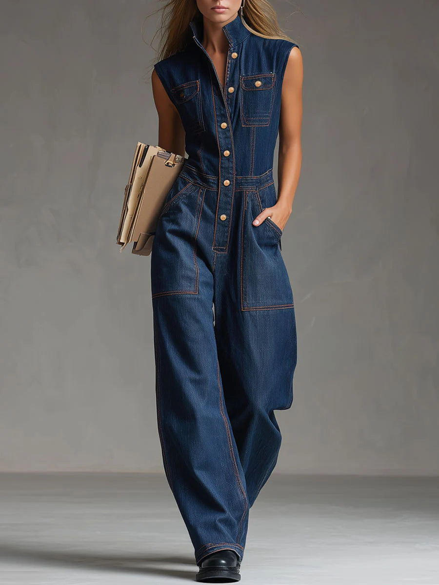 Women's Casual Sleeveless Cotton Denim Jumpsuit