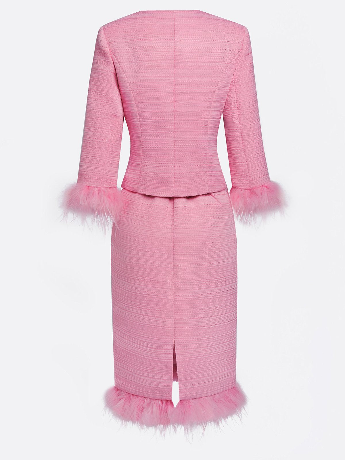 Women Tweed Rose Red Feather-trimmed Buckle Crew Neck Three Quarter Sleeve Dressy Coat With Skirt Two-Piece Set
