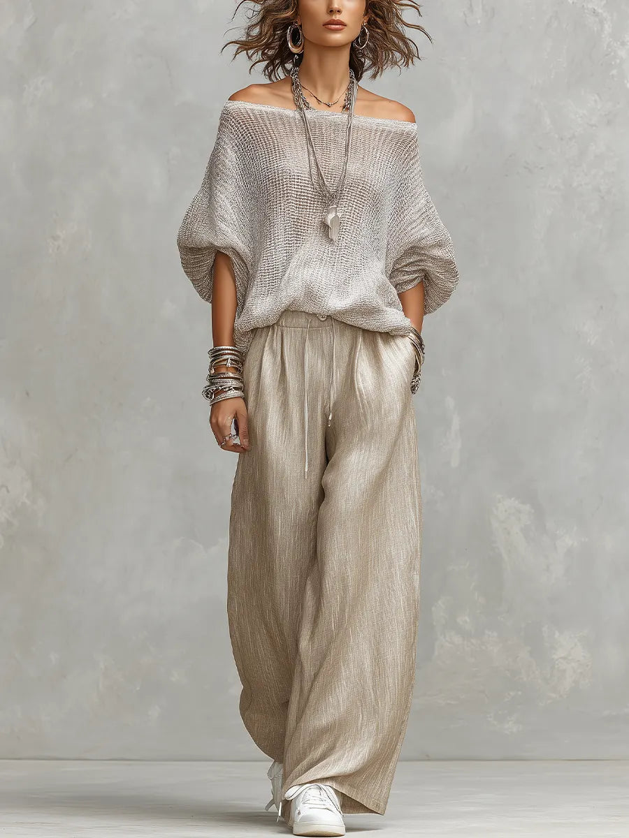 Lightweight Knit Top And Linen Wide-leg Pants Set