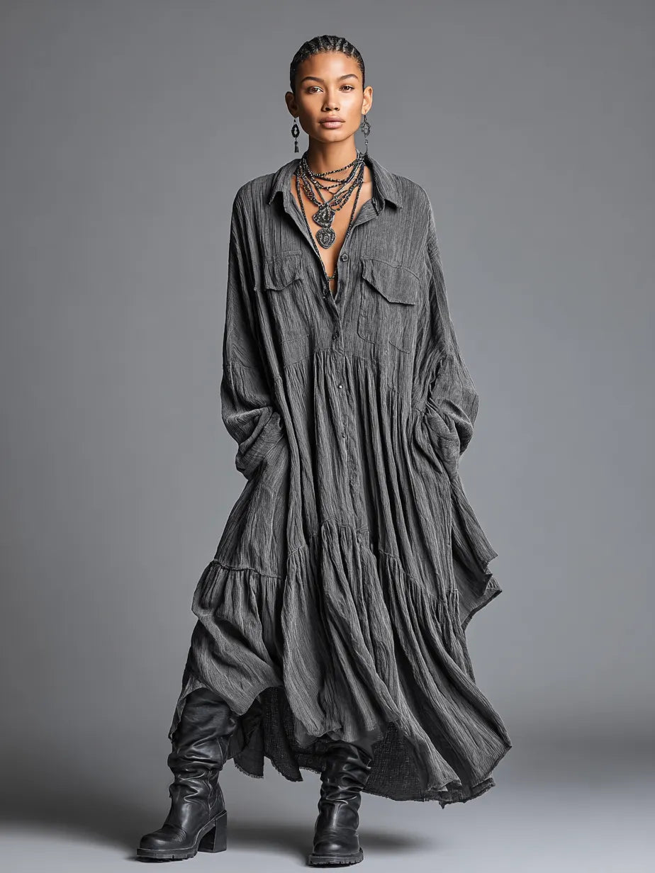 Women's Cotton And Linen Blend Loose Washed Shirt Maxi Dress MDA0486H7Y
