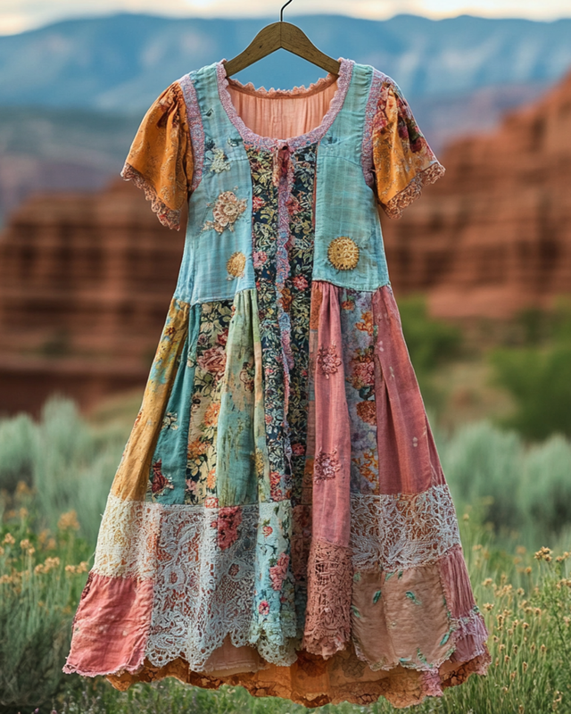 Summer Vintage Floral Lace Patchwork Dress 19f7