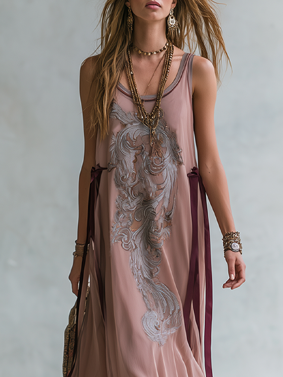 Bohemian Raspberry Pink Ribbon Chiffon Maxi Dress
